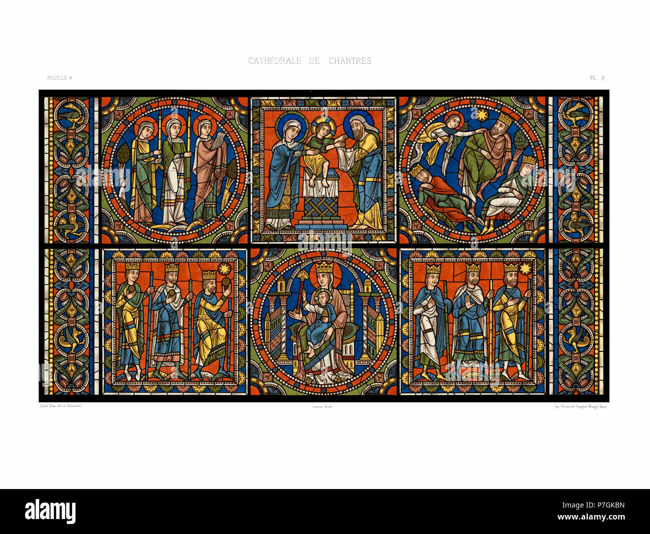 Deutsch: Aus der Mappe: Monografie de la Cathedrale de Chartres-Atlas (1867), Glasfenster: Das Leben von Jesus, 12. Jhdt. Englisch: Monographia der Kathedrale von Chartres, Chrom Lithographie der Kirchenfenster: Das Leben von Jesus, Paris, Imprimerie Imperiale 1867 Français: Monographie de la Cathédrale de Chartres - Atlas (1867) - vitrail de la Vie de Jésus Christ Feuille A-Chromo-Lithographie. 3 März 2016, 21:16:09 158 Feuille B Monografie de la Cathedrale de Chartres - Atlas - Vitrail de la vie de Jesus Christus - restaurierte Fassung 66--2 Stockfoto