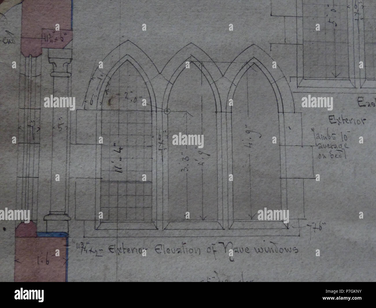 Eine der sechs ursprünglichen 1992 Pläne, von dem Architekten unterzeichnet, der Kirche des Hl. Johannes des Göttlichen, Calder Grove, Wakefield, West Yorkshire, England. 1892 durch William Swinden Friseur konzipiert. Sehen Sie bitte unten für eine Liste der Bilder der gleichen Plan. Übersicht Plan 4: Querschnitt Langhaus; Schiff und Chor. Hinweis: Diese alte Pläne sind grau, die aufgrund ihres Alters. Die ersten Upload dieses Bild ist freigestellt ist aber ansonsten unbearbeitet, um Detail zu behalten. 1892 353 St John Calder Grove Pläne 4f Stockfoto