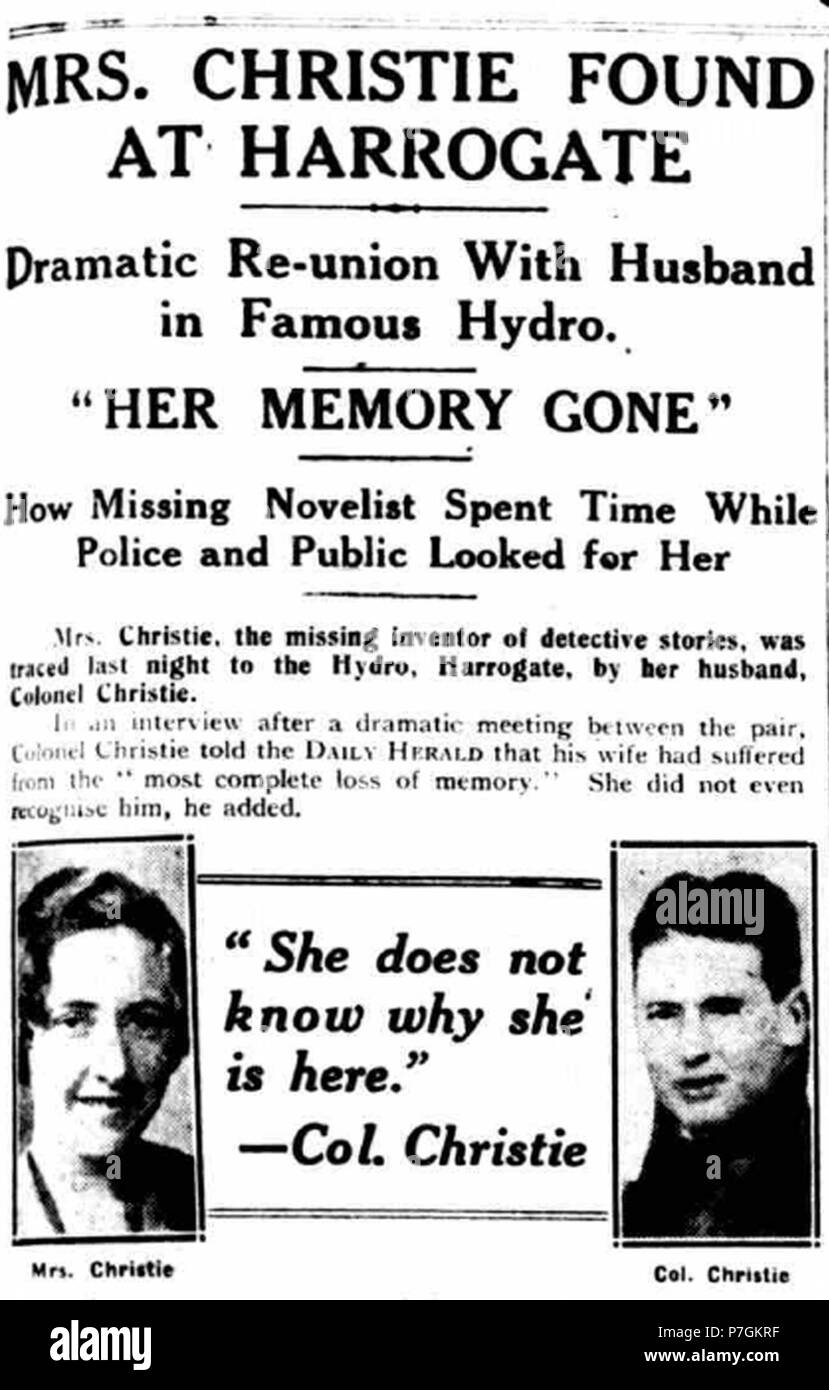 Englisch: Zeitungsartikel über Archibald Christie und seine Frau Agatha Christie in Harrogate. 1926 91 Christie bei Hydro Stockfoto