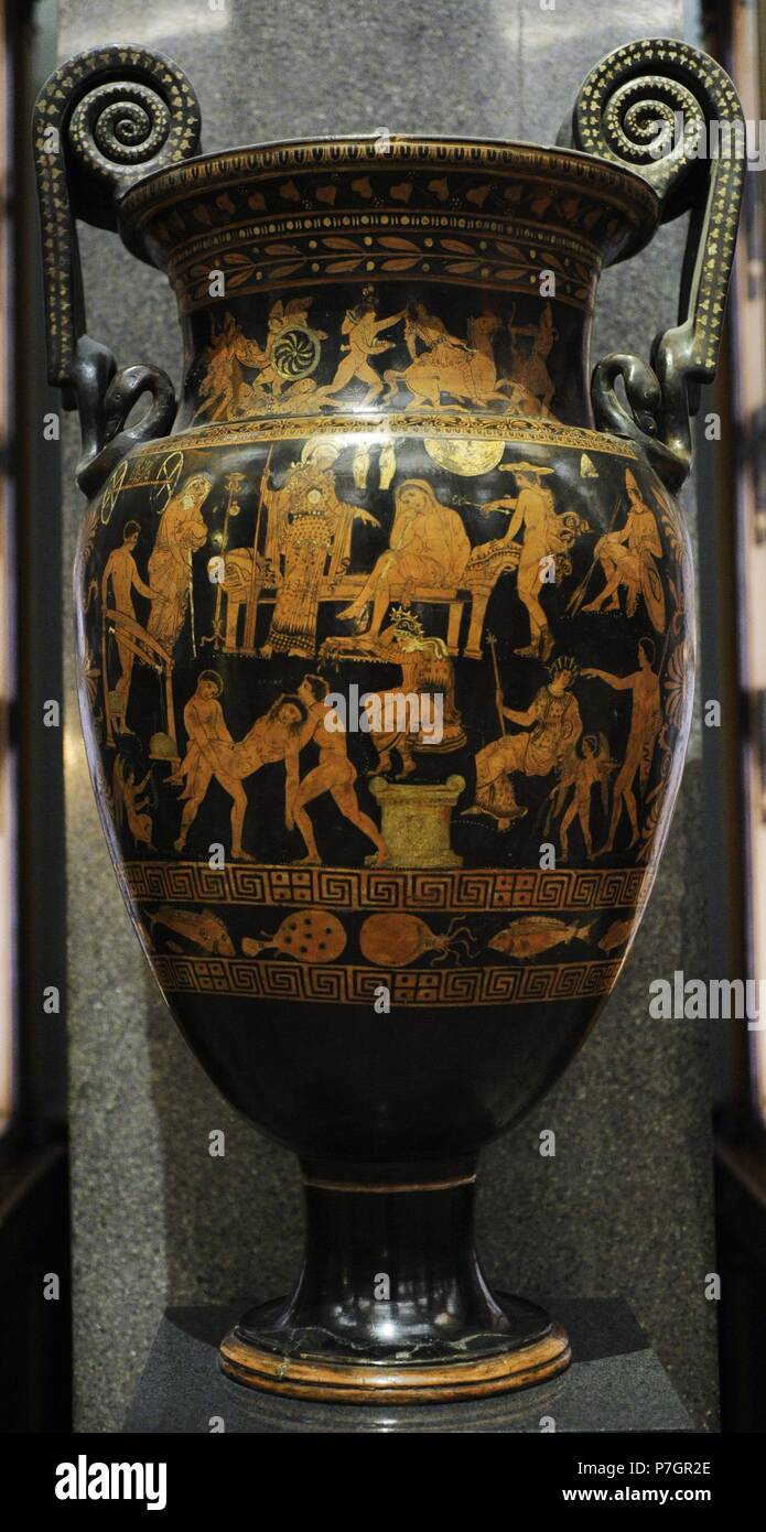 Griechische Kunst. Rotfigurigen Volute-Krater. Lösegeld von Hector (Trojan Krieg). Apulien, Süditalien. Ca. 350 v. Chr.. Lykurg Maler. Clay. Die Eremitage. Sankt Petersburg. Russland. Stockfoto