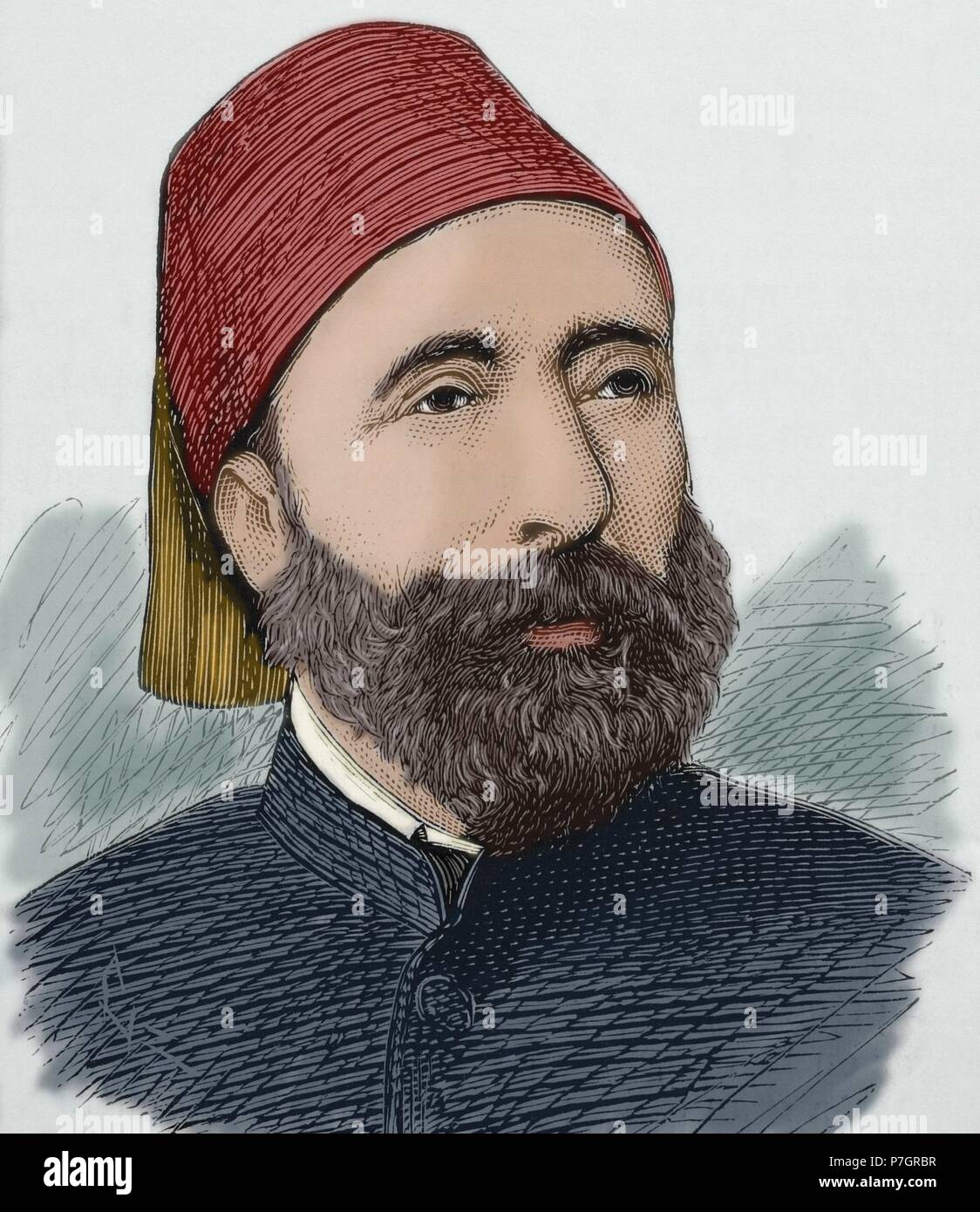 Sefik Ahmed Midhat Pascha (1822-1883). Osmanischer Staatsmann während der späten Tanzimat Ära. Großwesir des Osmanischen Reiches. Portrait.Gravur von capuz im 'La IIustracio n Espan Ola y Americana", 1876. Gefärbt. Stockfoto