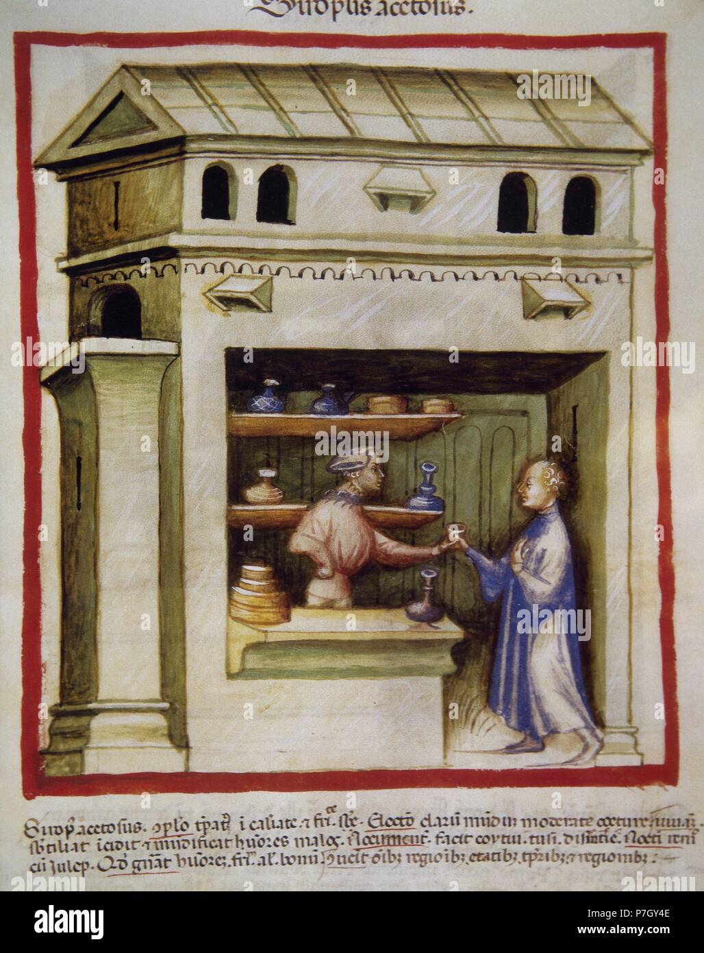 Tacuinum Sanitatis. 14. Jahrhundert. Mittelalterliche Handbuch der Gesundheit. Eine Apotheke gibt Essig Sirup mit einem Mann. Folio 95r. Stockfoto