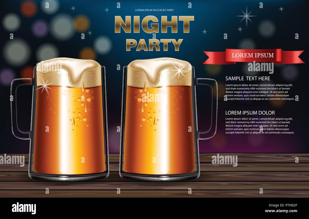 Bierkrüge Vektor realistisch. Party Flyer mit Getränke 3d Mock up Abbildung: Stock Vektor
