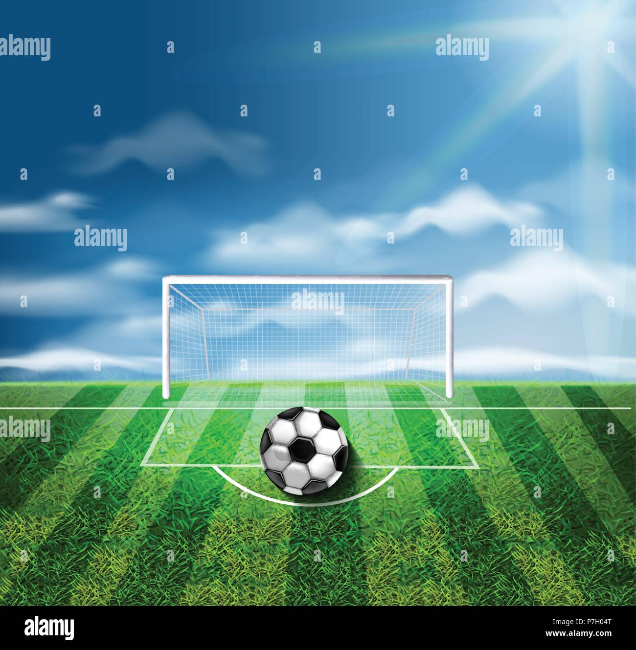 Ein Fußball auf dem grünen Stadion Vector 3d realistische Abbildung Stock Vektor