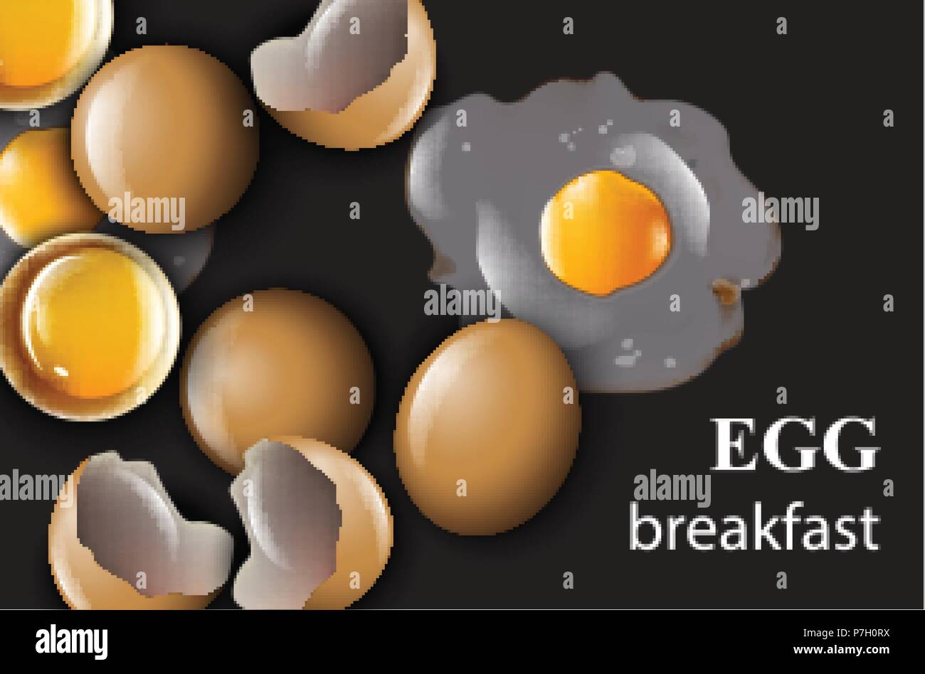 Ei realistische Vektor auf schwarzem Hintergrund. Frühstück mit frischen Eiern Menü Vorlage Stock Vektor