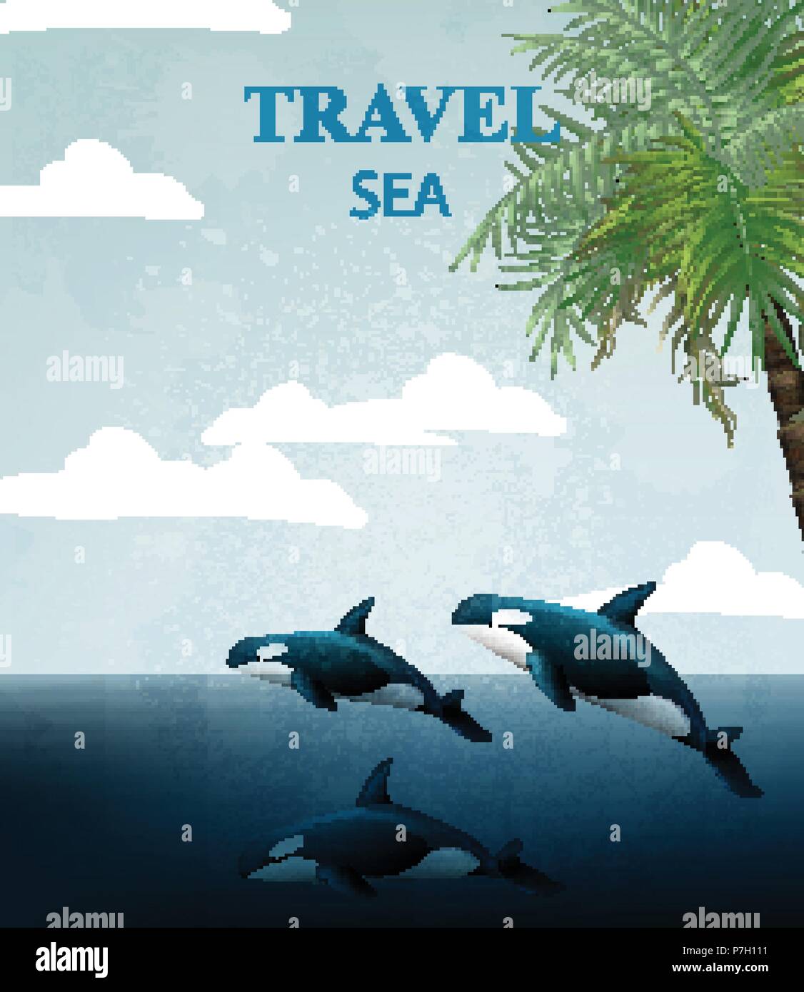 Sommer Travel Card mit Wale Vektor. Tropic Meer Wasser Hintergrund Stock Vektor