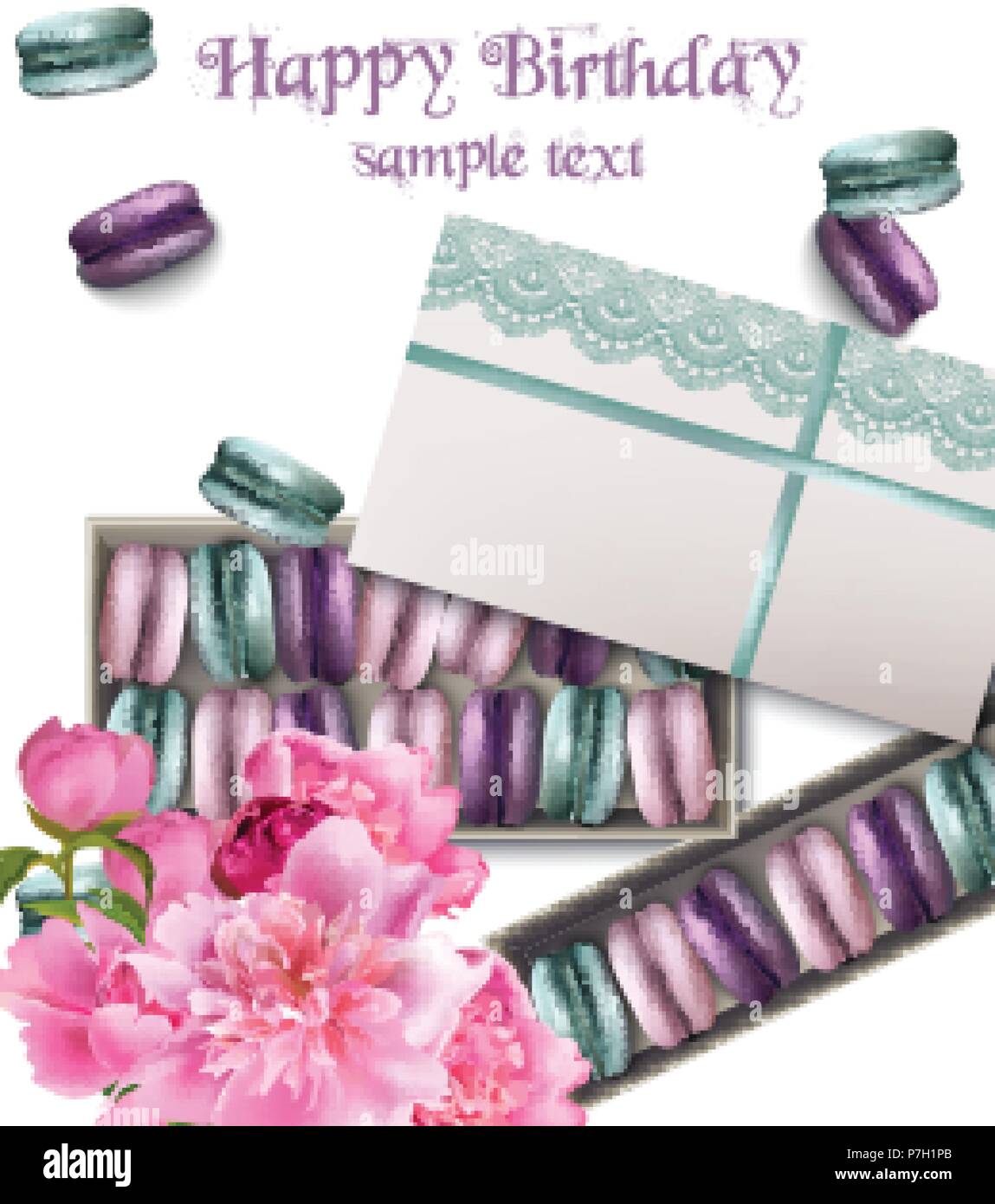Happy birthday Karte mit Makronen und Pfingstrose blumen Vector Illustration Stock Vektor