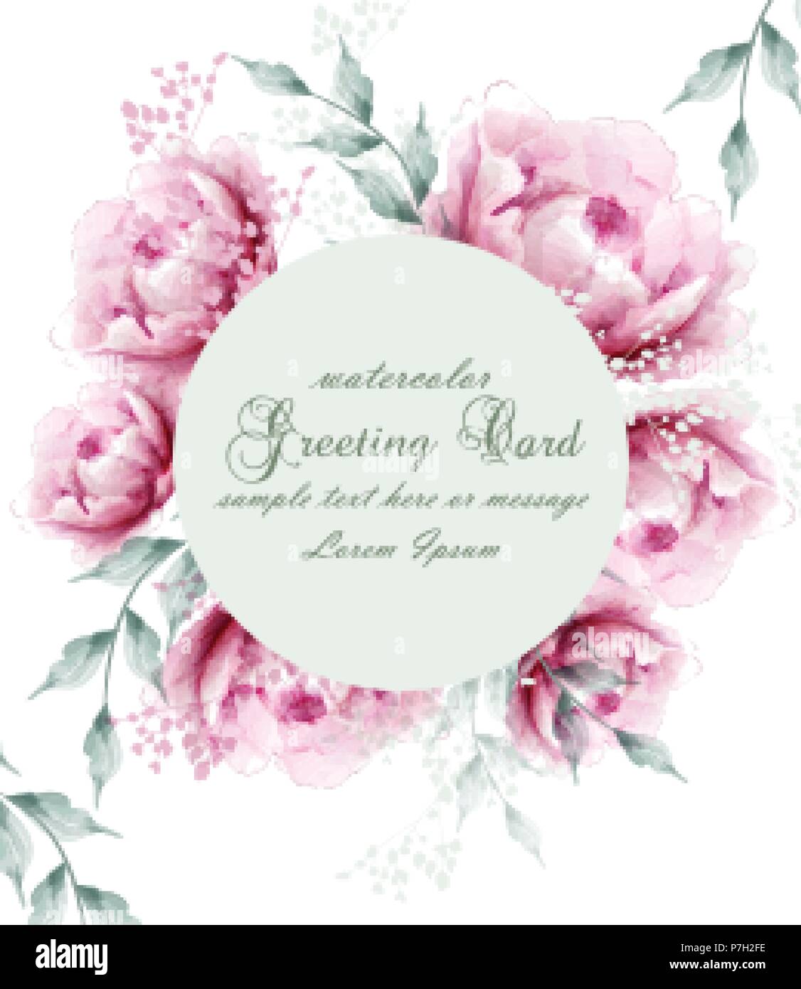 Aquarell pfingstrose Blumen blühen weath Karte. Vintage blumen Grußkarte. Sommer pfingstrosen Blumen Blumenstrauß Stock Vektor