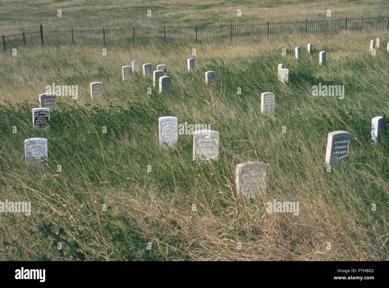 Custer Hill Markierungen wo Körper 7 Kavallerie Soldaten gefunden wurden, Little Bighorn Battlefield, Montana. Foto Stockfoto