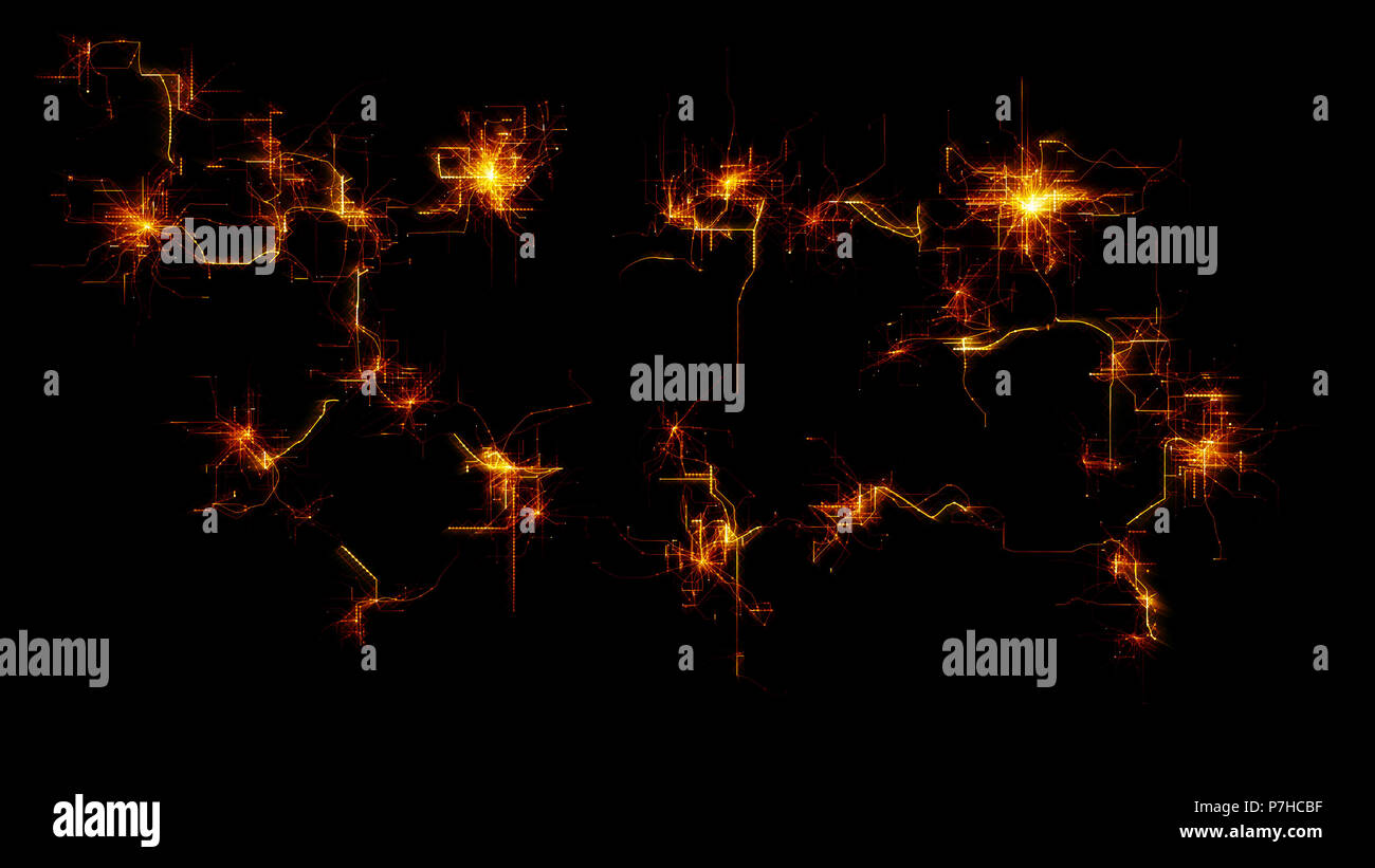 Künstliche neuronale Netz wächst. Elektronische Knoten zusammen mit synaptischen Verbindungen im elektronischen Cyberspace verbunden. Das Raster zeigt die dezentrale angeschlossen sein. Stockfoto