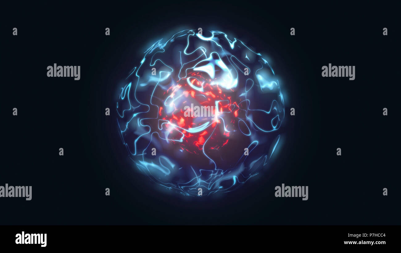 3D-Animation der abstrakten isolierten roten und blauen magische Orb. Brennende Kugel mit Plasma Ring auf schwarzem Hintergrund. Magie und Power concept Objekt. Glänzend Stockfoto