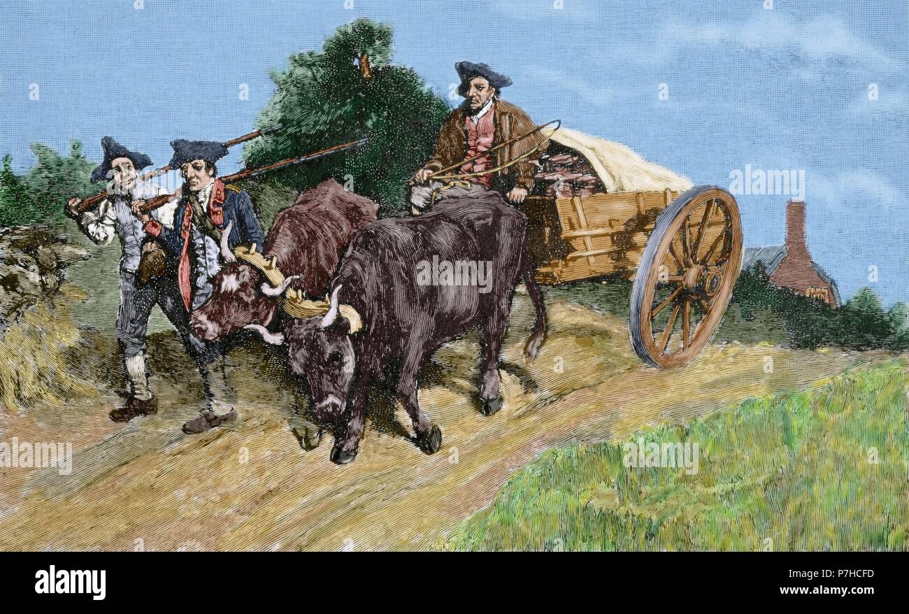 Amerikanischer Unabhängigkeitskrieg (1775-1783). Kolonisten fahren einen Wagen mit Pulver für die Schlacht von Bunker Hill, 1775. Kupferstich von Howard Pyle in Zeitschrift Harpers, 1886. Farbige. Stockfoto