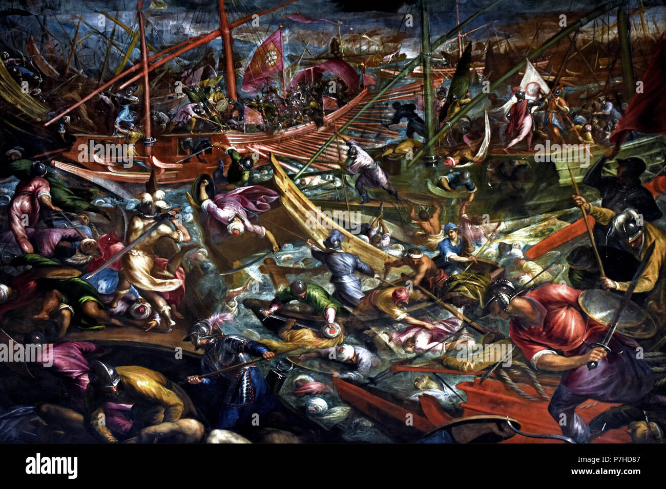 Naval Sieg der Venezianer Flotte in Jaffa gegen die Ägypter von Sante Peranda (1566 - 1638) Der Dogenpalast (Palazzo Ducale), Venedig, Italien. Stockfoto