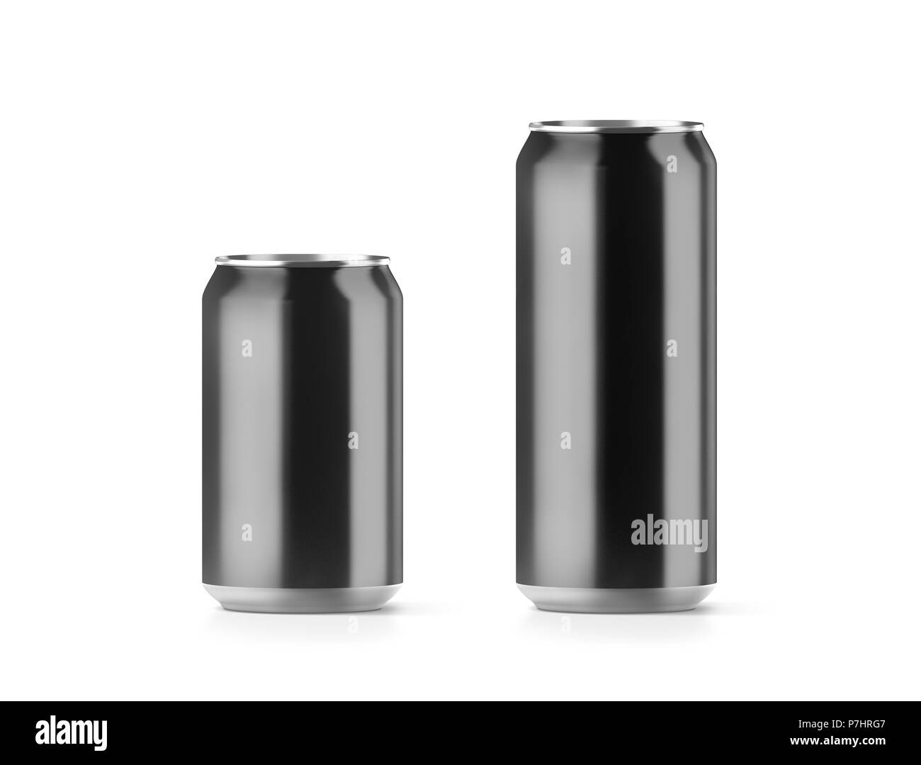 Leere Schwarze Kleine und Große Aluminium Soda können Mockup, 3D-Rendering. Leere Bierdose Verpackungen Mock Ups, isoliert. Aus der Dose trinken jar packaging design te Stockfoto