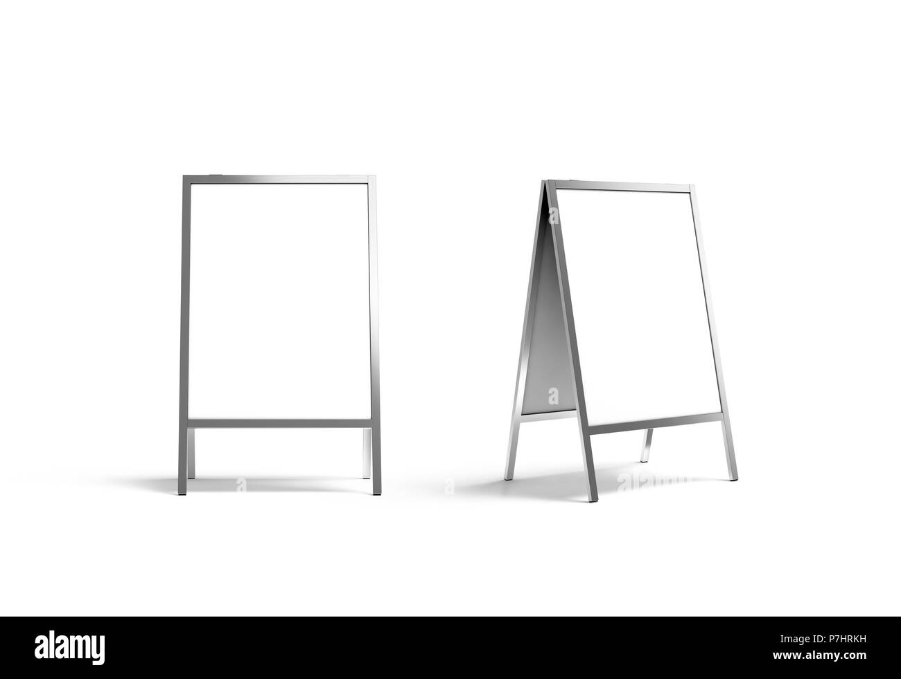 Blank White Metallic im Freien stehen Mockup, isoliert, Vorder- und Seitenansicht, 3D-Rendering. Klare Straße Signage-board mock up. A-Board mit Metall fra Stockfoto