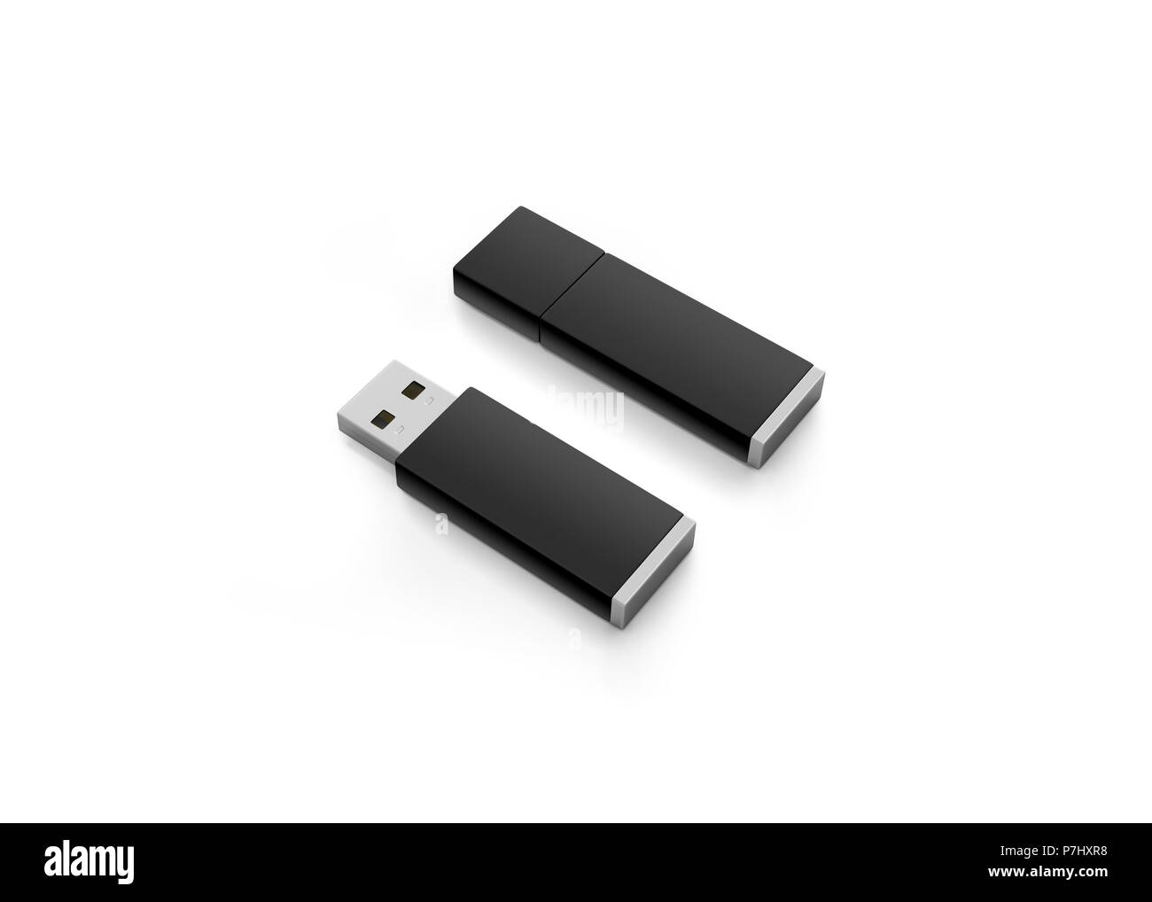 Leere schwarze usb-laufwerk Design mock up, 3D-Rendering, freistellungspfaden. Aus klarem Kunststoff Flash Disk Vorlage geöffnet und geschlossen. Nur-text-Gerät mockup. Cl Stockfoto