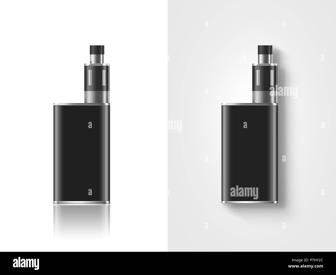 Leeren schwarzen vape Mod Box mockup isoliert, Freisteller, stand und Lügen, 3D-Darstellung. Klar, rauchen Dampf mock up Vorlage. Modbox Vaporizer devic Stockfoto