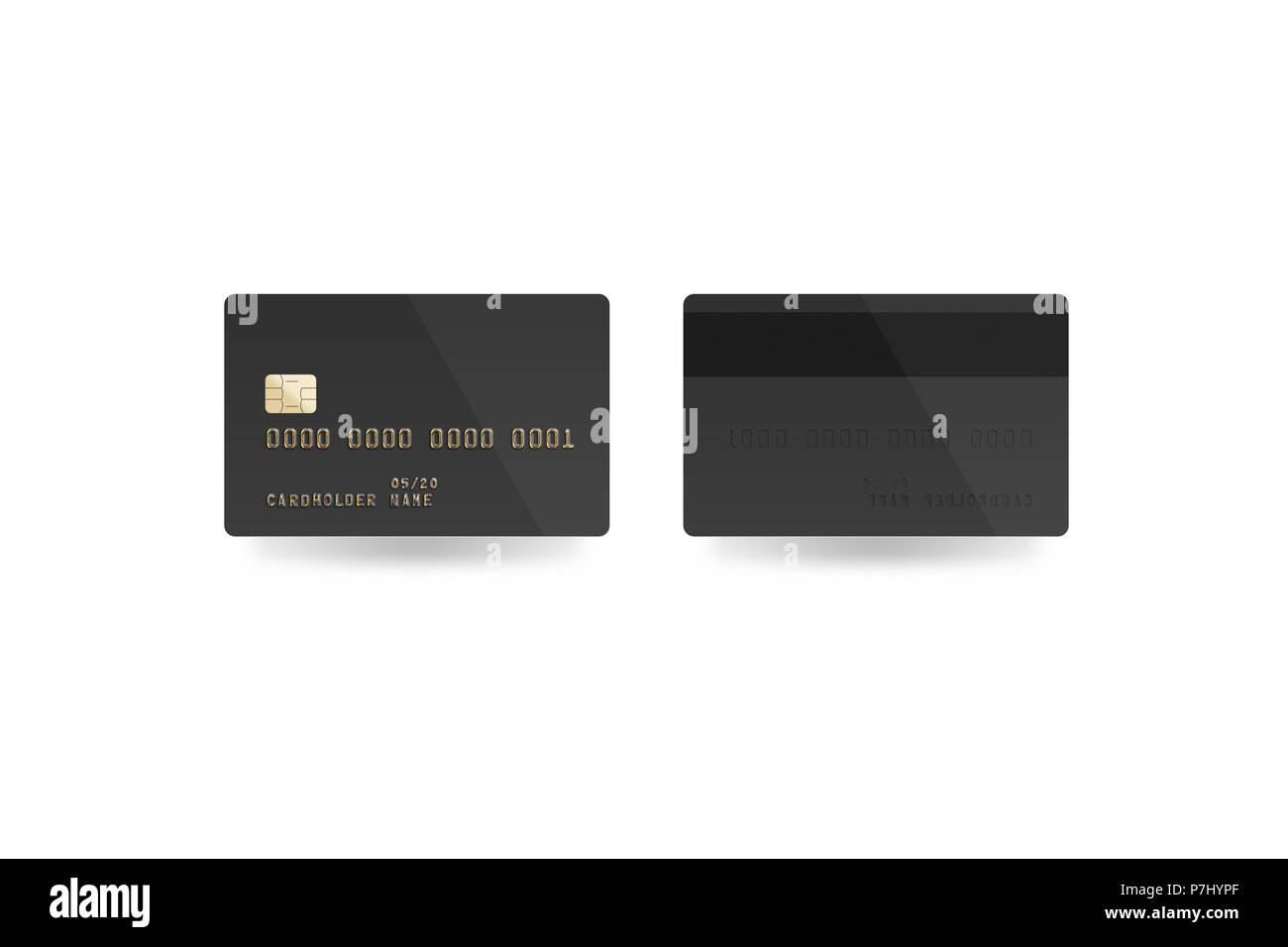 Leere schwarze Kreditkarte mockup isoliert, Freisteller, Vorder- und Rückseite, 3 Abbildung d. Leere Plastikkarte mock up. Klare Oberfläche grau Bankkarte mit Chip. Debit card Design vorlage. Stockfoto