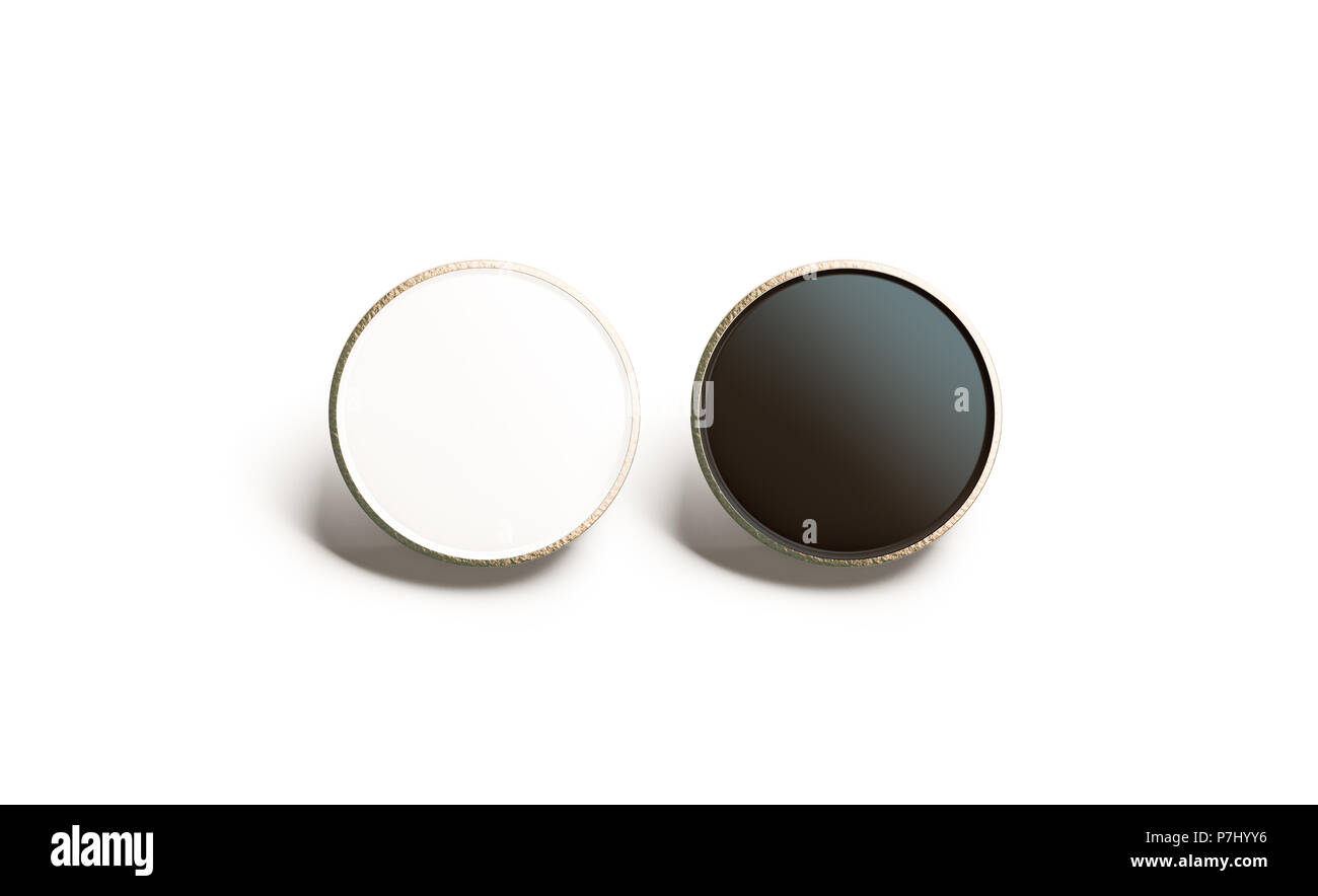 Leere Schwarze und Weiße, runde gold Abzeichen am Revers mock up, Vorderansicht, 3D-Rendering. Leere Luxus harten Zahnschmelz pin mockup. Goldene Spange-design Vorlage. Teure square Brosche für logo Präsentation Stockfoto