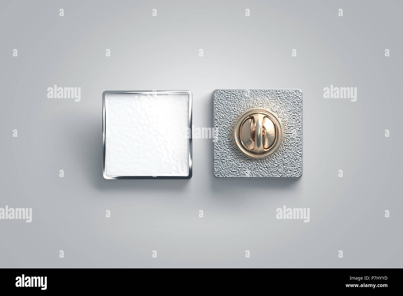 Leere weiße Emaille pin Mock up, Vorder- und Rückseite anzeigen, 3D-Rendering. Leere Luxus hart Revers Abzeichen mockup. Silber faltschließe-design Vorlage. Matal square Brosche für logo Präsentation. Stockfoto