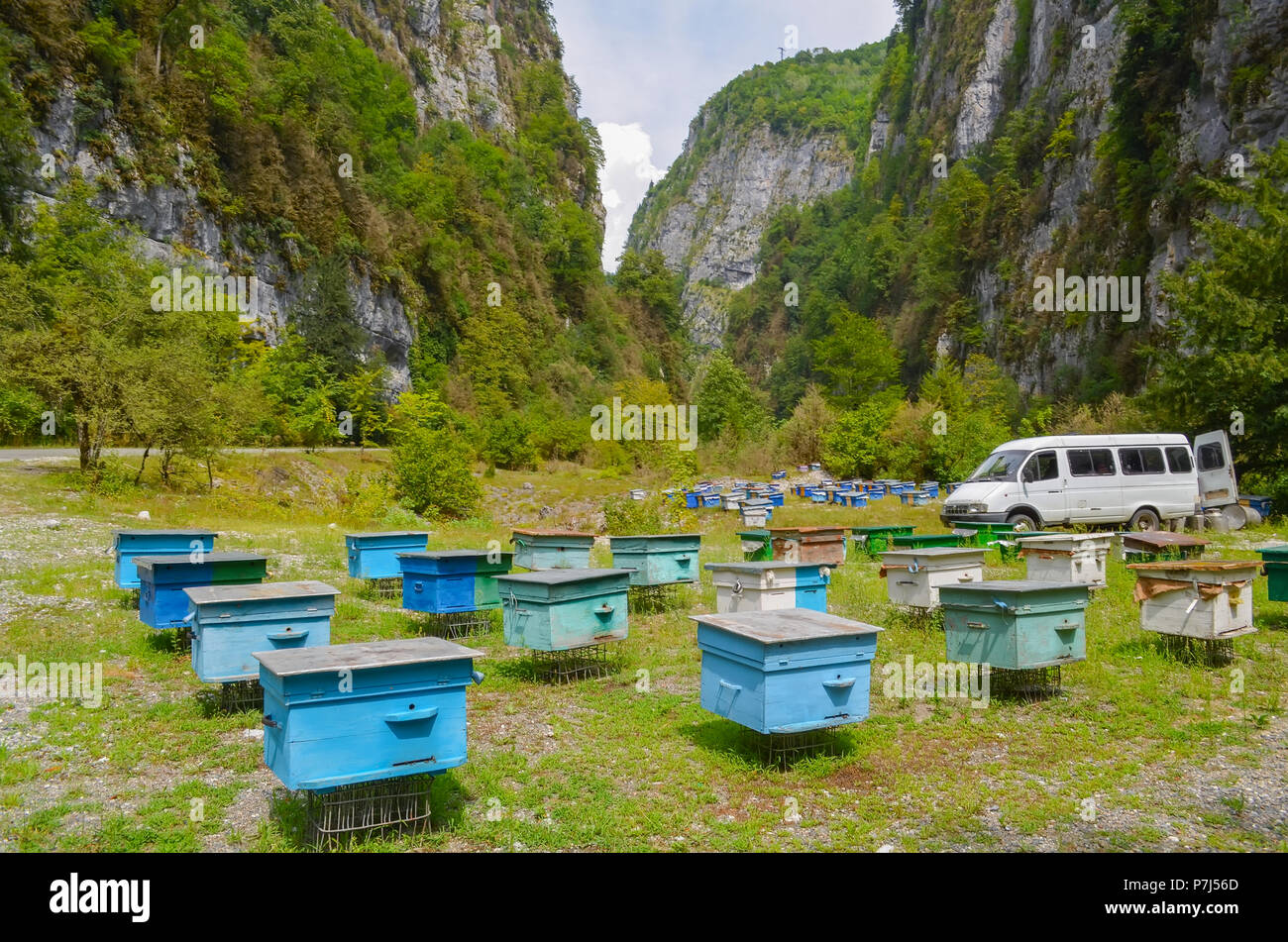 Ein Bienenhaus in einem Berg Schlucht. Viele bunte Bienenstöcke vor dem Hintergrund der Berge Stockfoto