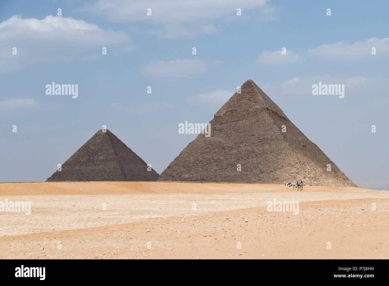 Pferdewagen, führen Touristen um die Große Pyramide von Gizeh (links) und die Pyramide von khafre (rechts) bei Gizeh, Ägypten. Stockfoto