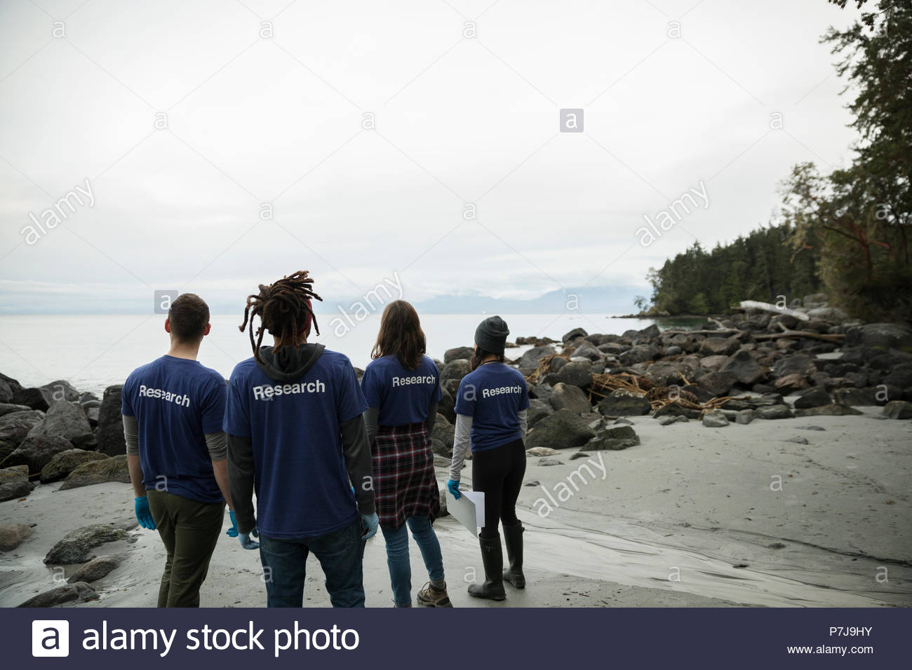 Umweltfreundliche Wissenschaftler auf robusten Strand Stockfoto