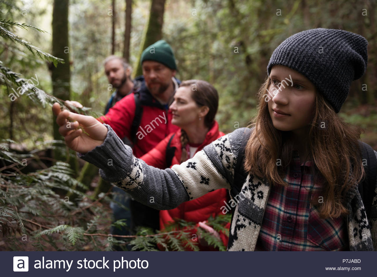Neugierig Jugendmädchen Wandern in Wäldern mit Familie Stockfoto
