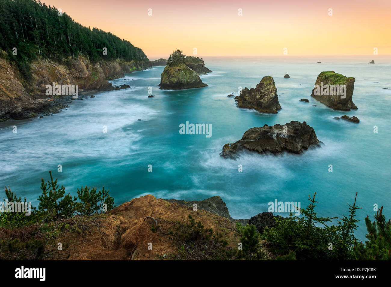 Küstenlandschaft bei Sonnenaufgang, Samuel H Boardman State Park, Brookings, Oregon, USA Stockfoto
