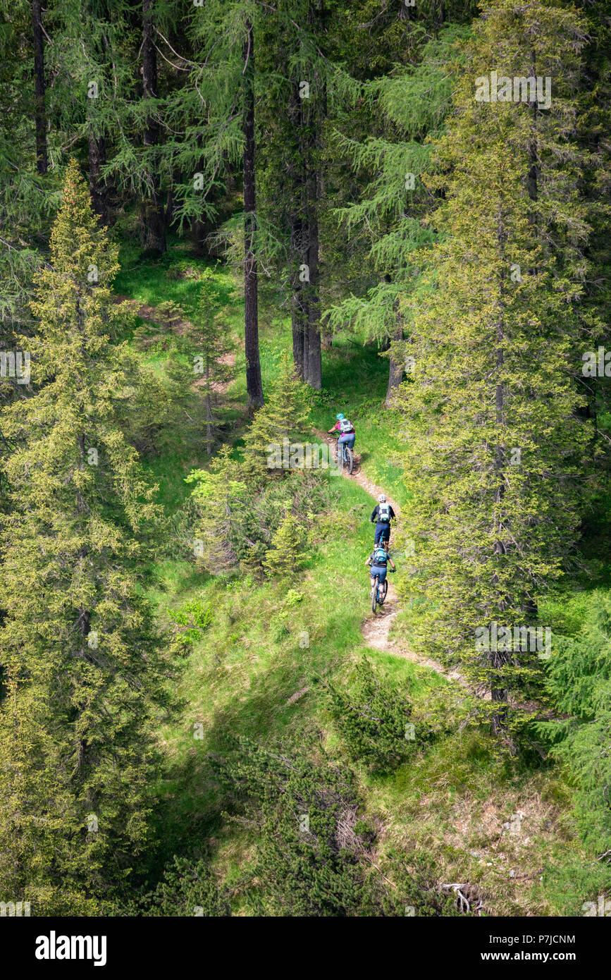 Drei Leute Mountainbiken, Fanes-Sennes-Prags Nationalpark, Dolomiten, Südtirol, Trentino, Italien Stockfoto