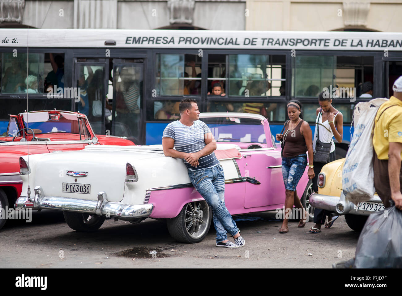 Ein kubaner entspannt sich gegen sein weiß-rosa Auto in Havanna, Kuba. Stockfoto