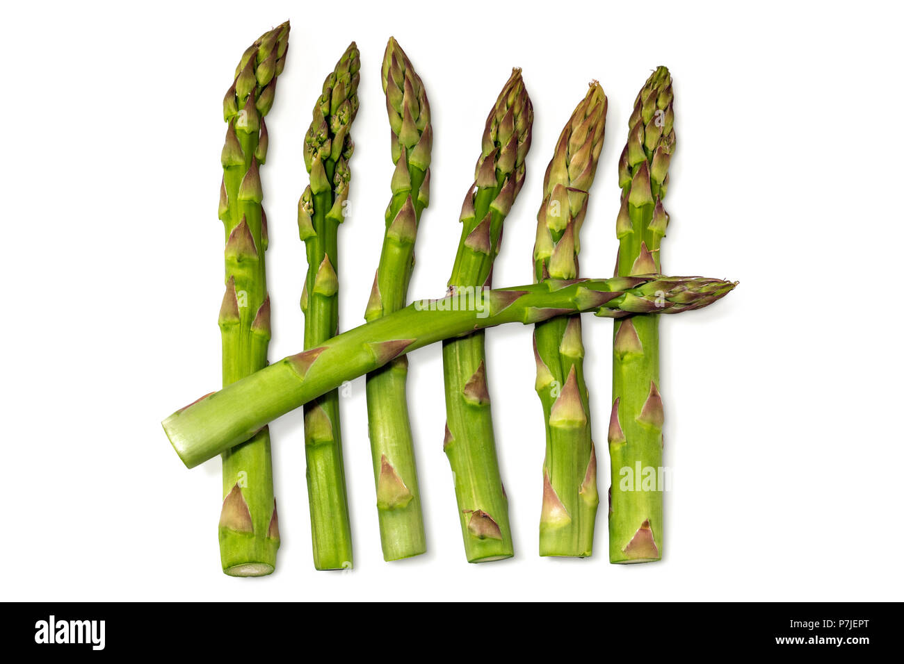 Sieben Spargel auf weißem Hintergrund Stockfoto