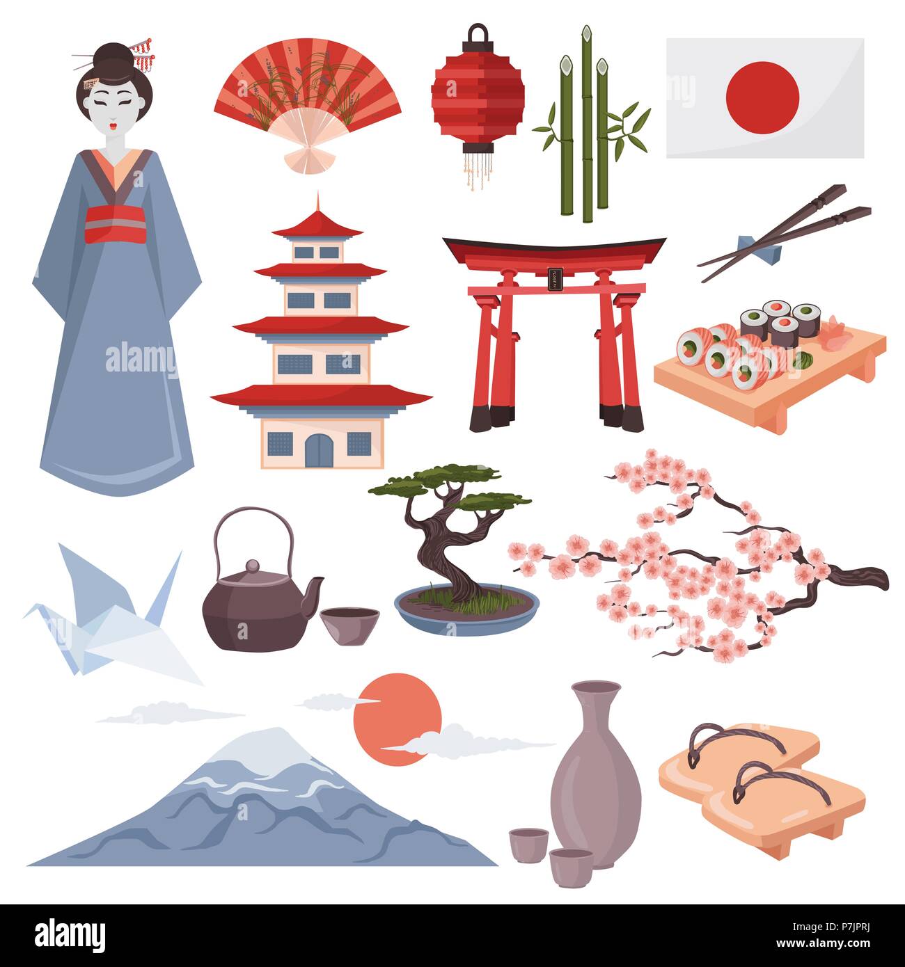 Japanische Symbole Vector Illustration. Bunte Reihe von