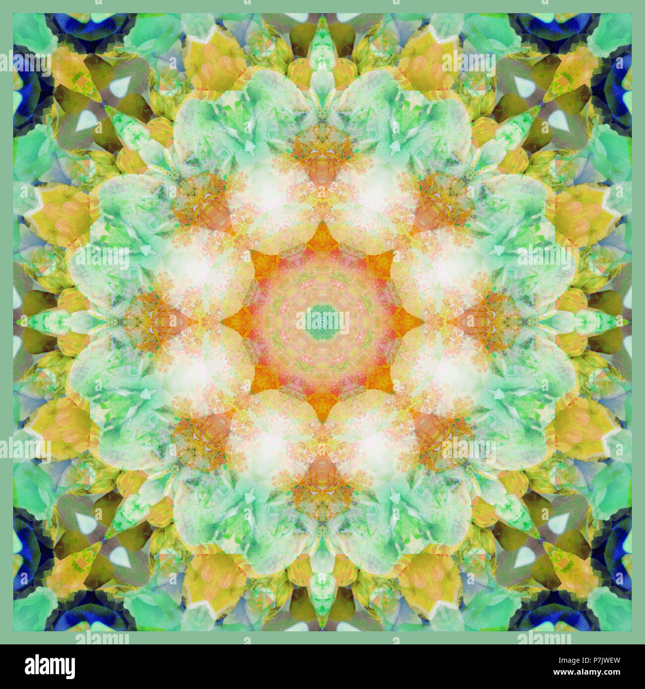 Fotografische Blume Mandala, orange, hellgrün, gelb, Stockfoto