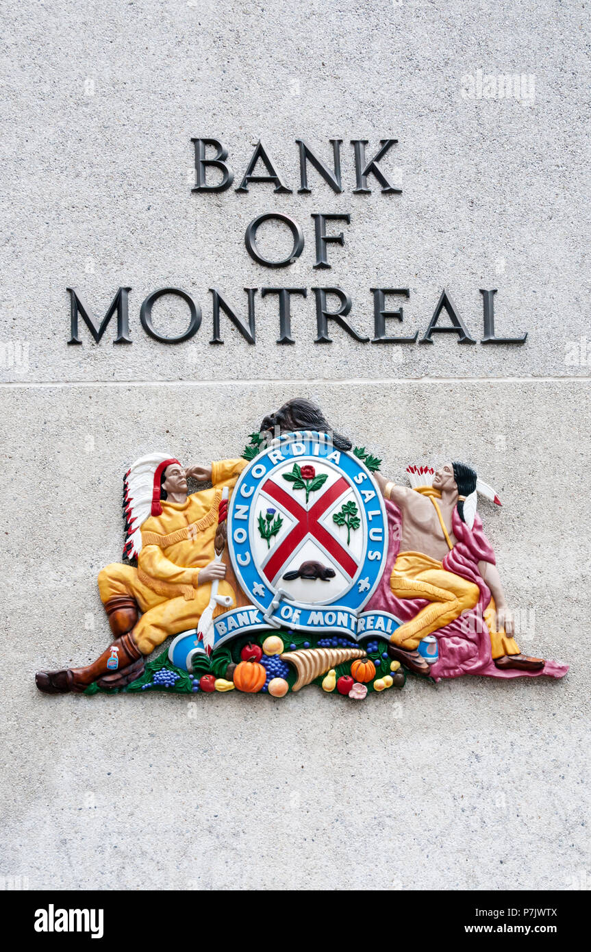 Der Name und das Wappen der Bank von Montreal. Stockfoto