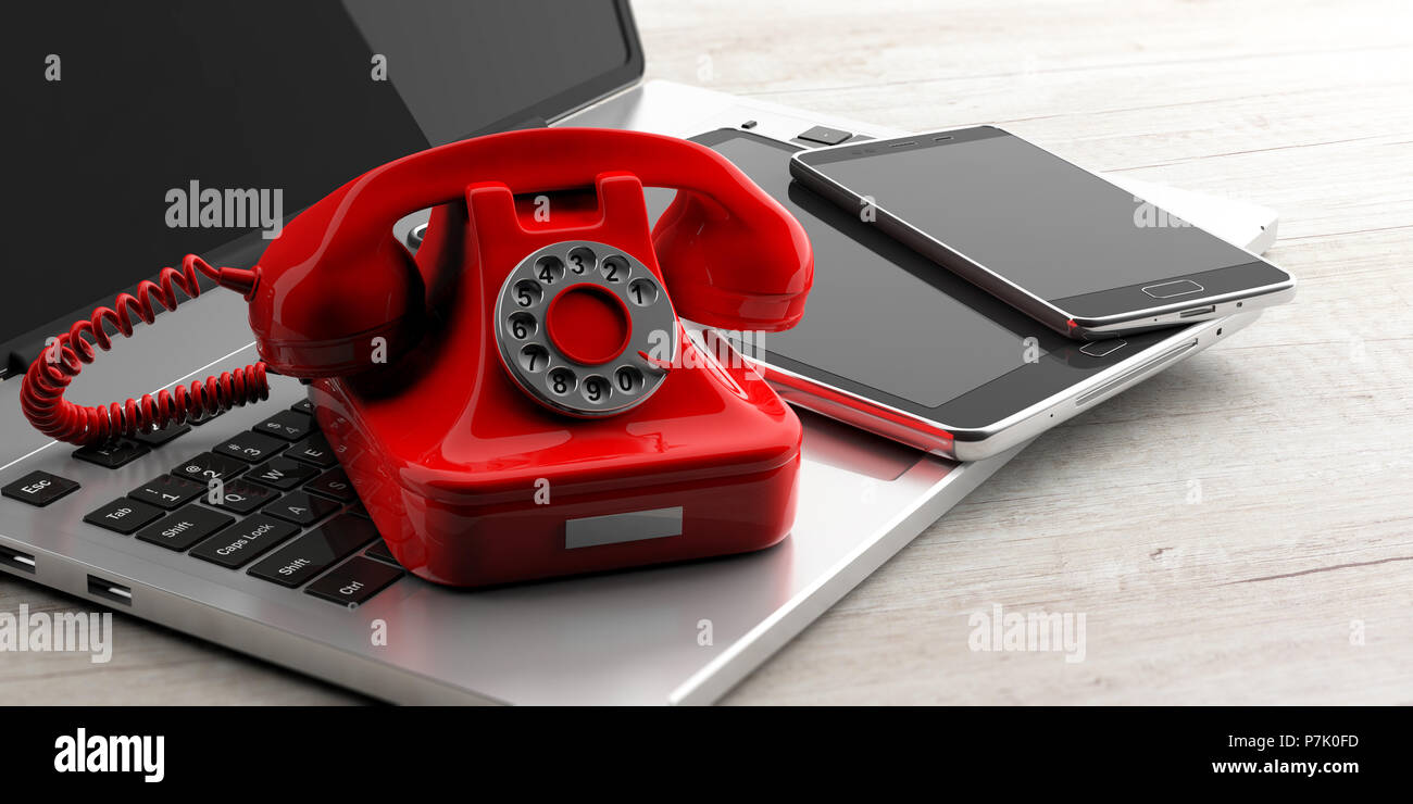 Red Old retro Telefon und modernen elektronischen Geräte auf Holz- Hintergrund. 3D-Darstellung Stockfoto