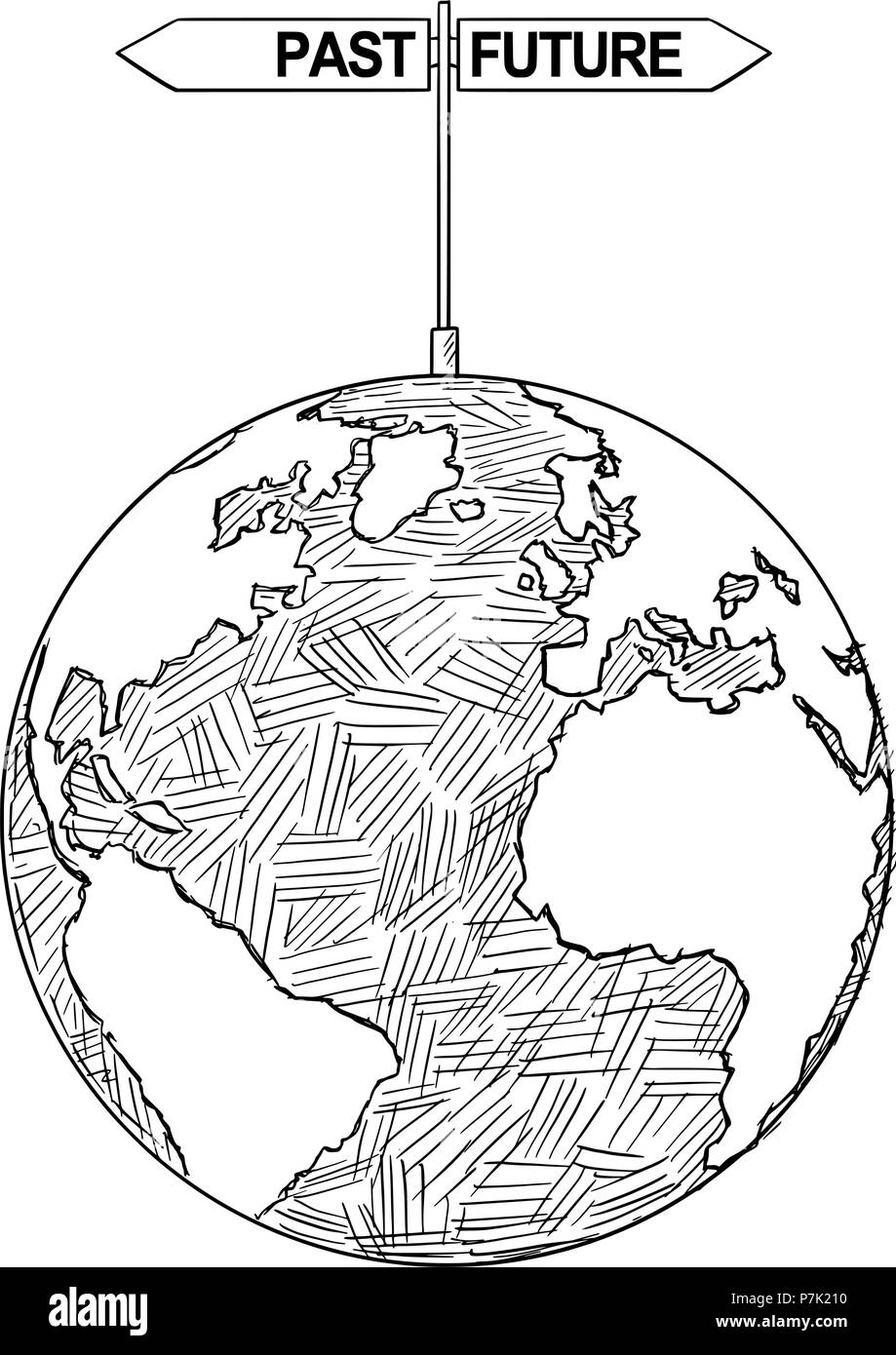 Vektor Künstlerische Zeichnung Abbildung der Welt Globus mit Vergangenheit und Zukunft Entscheidung Pfeile Stock Vektor