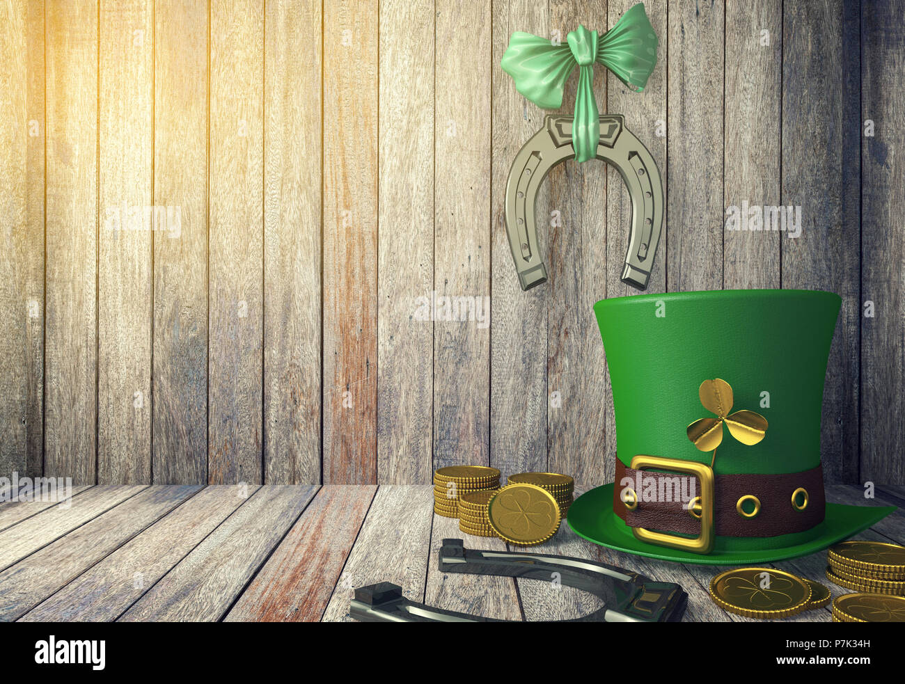 St. Patrick's Day Leprechaun hat mit Goldmünzen und Hufeisen auf Holzuntergrund mit Platz kopieren, 3D-Rendering Stockfoto