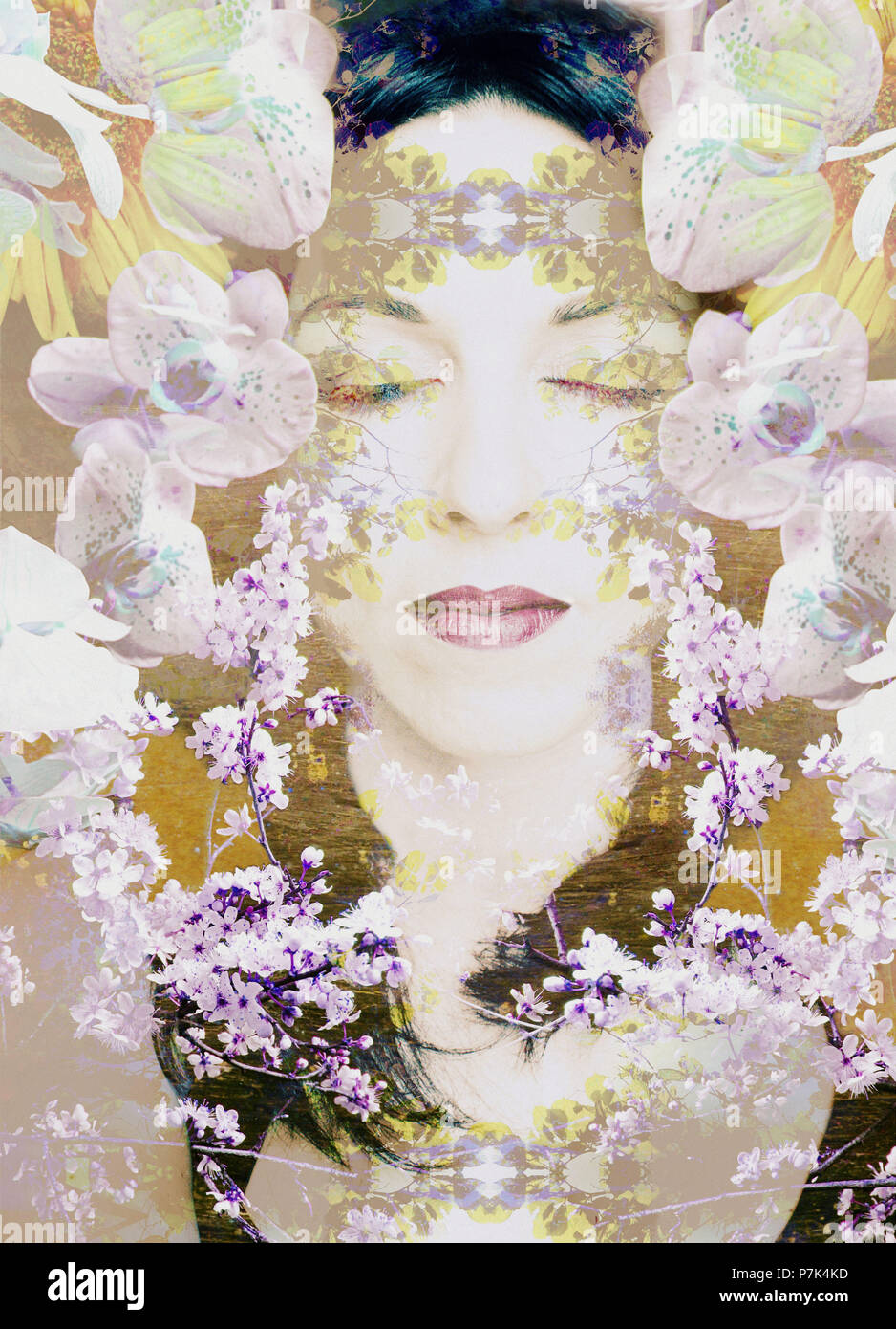 Fotomontage, Gesicht der Frau, Äste, Blüten, detail, Stockfoto