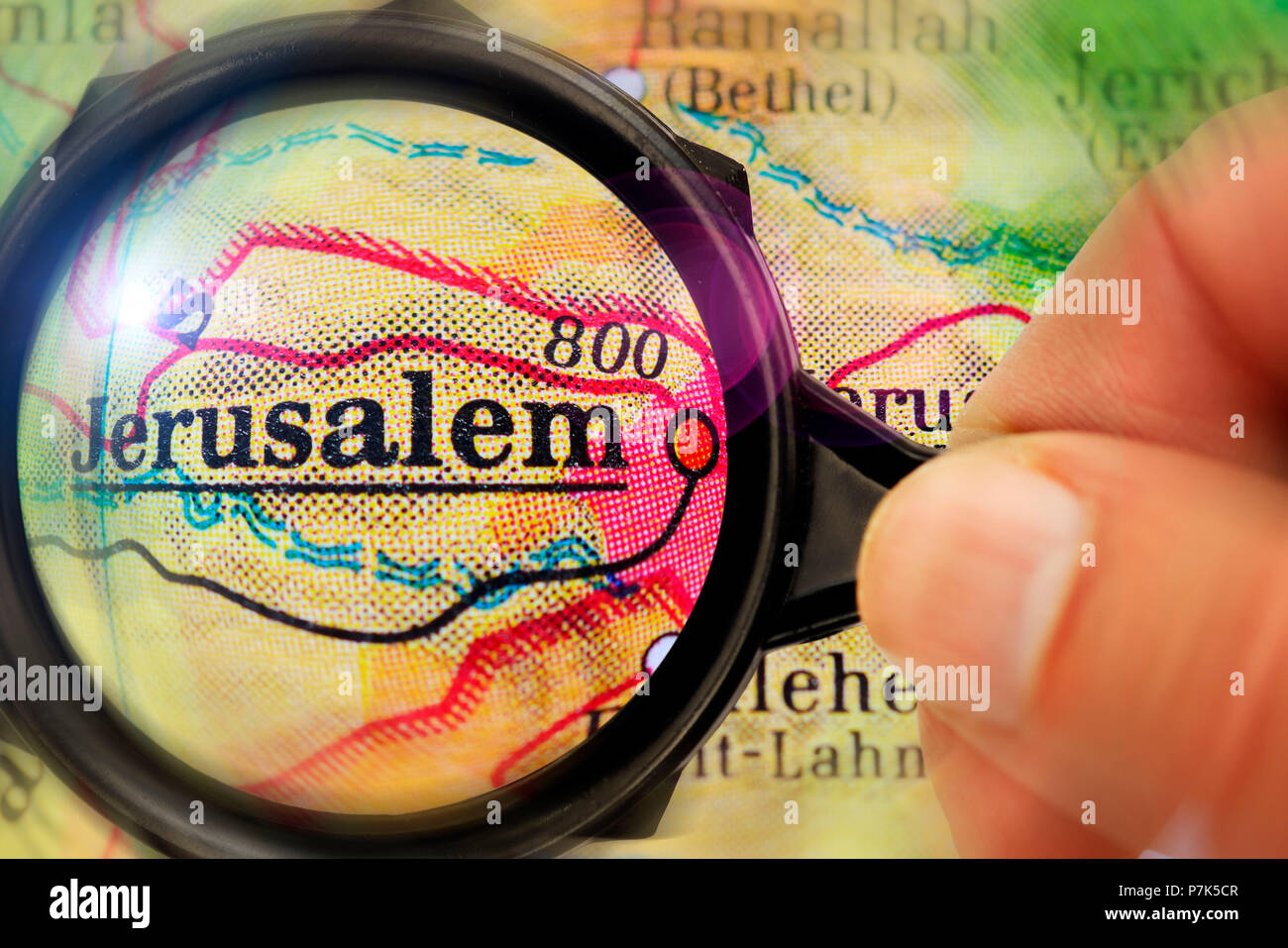 Israel, Palästina, Karte, Lupe, Jerusalem Konflikt Stockfoto
