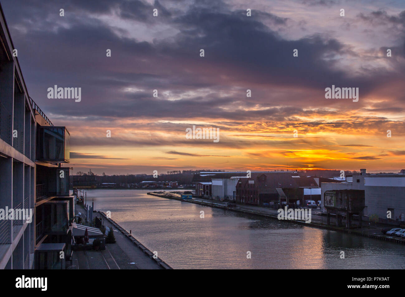 Sonnenaufgang am Hafen in Münster. Stockfoto