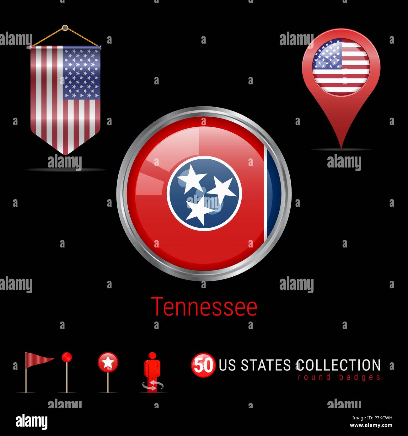 Runde Chrom Vektor Abzeichen mit Tennessee US-Flagge. Wimpel Flagge der USA. Kartenzeiger - USA. Karte Navigation Symbole Stock Vektor