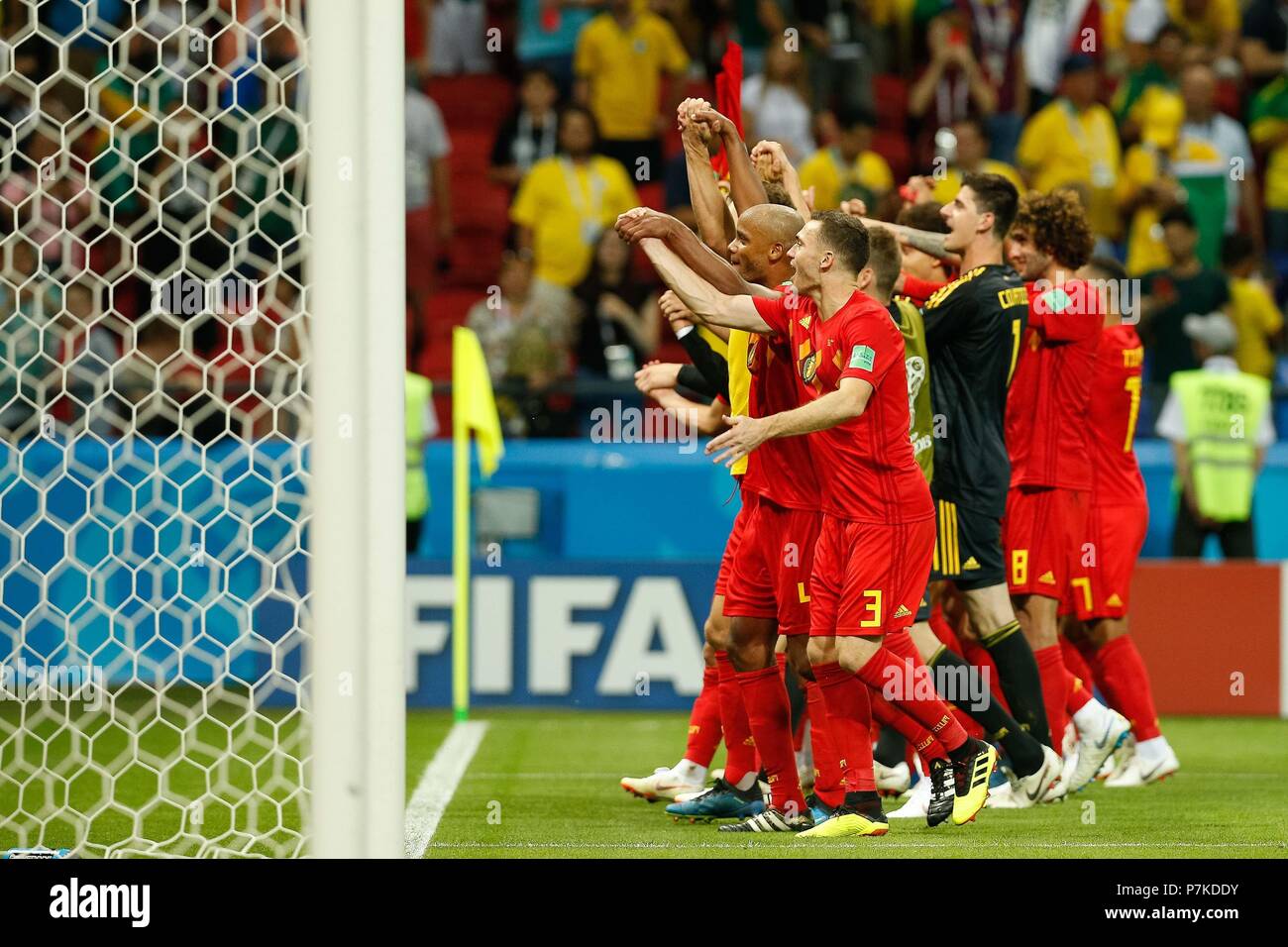 Kasan, Russland. 6. Juli 2018. Belgien Spieler feiern Qualifikation für das Halbfinale nach dem Sieg im Match zwischen Brasilien 1 x 2 Belgien gültig für das Viertelfinale der Fußball-Weltmeisterschaft 2018 an der Kasaner Arena in Kazan, Russland statt. (Foto: Marcelo Machado de Melo/Fotoarena) Stockfoto