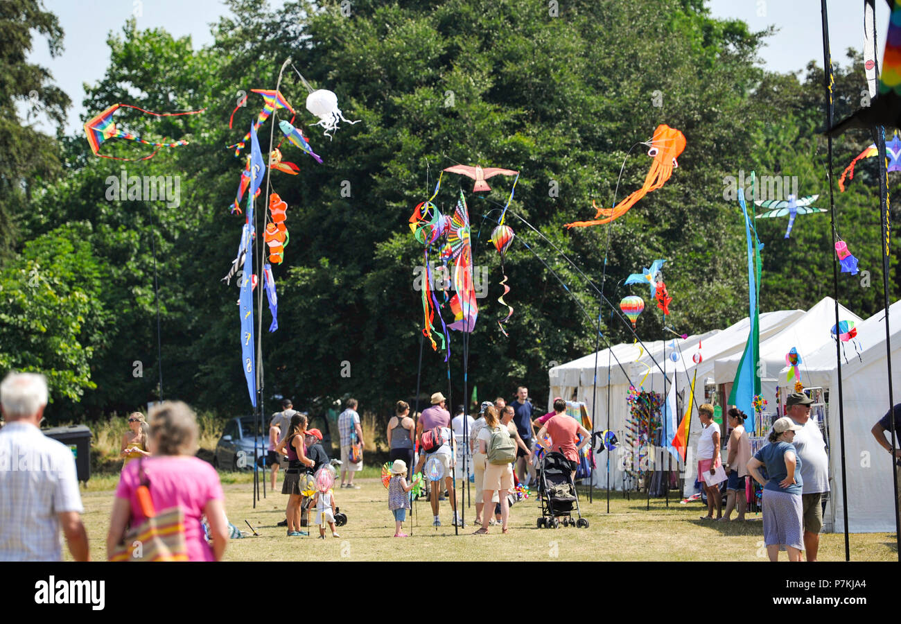 Brighton, UK. 7. Juli 2018. Drachenflieger genießen Sie schöne heißen, sonnigen Wetter auf der 40. jährlichen Brighton Kite Festival über das Wochenende in Stanmer Park Credit gehalten wird: Simon Dack/Alamy leben Nachrichten Stockfoto