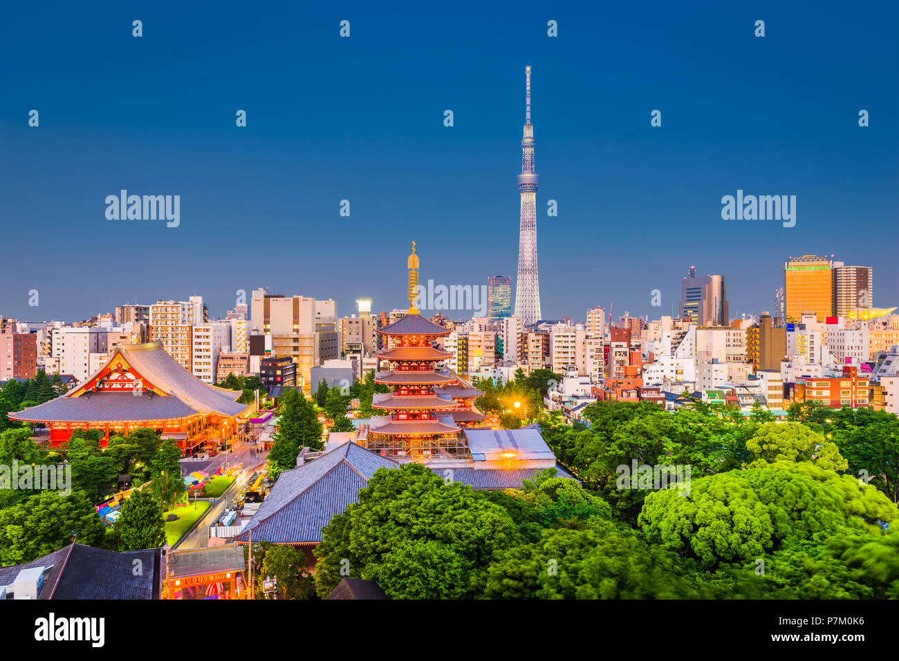 Tokio, Japan Skyline der Stadt über Asakusa in der Dämmerung. Stockfoto