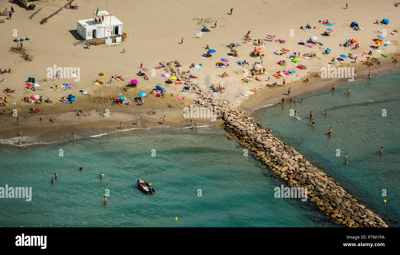 Schutz der Küste, Strand, Mittelmeer Strand von Palavas-les-Flots, Hérault deparment, Occitanie Region, Frankreich Stockfoto