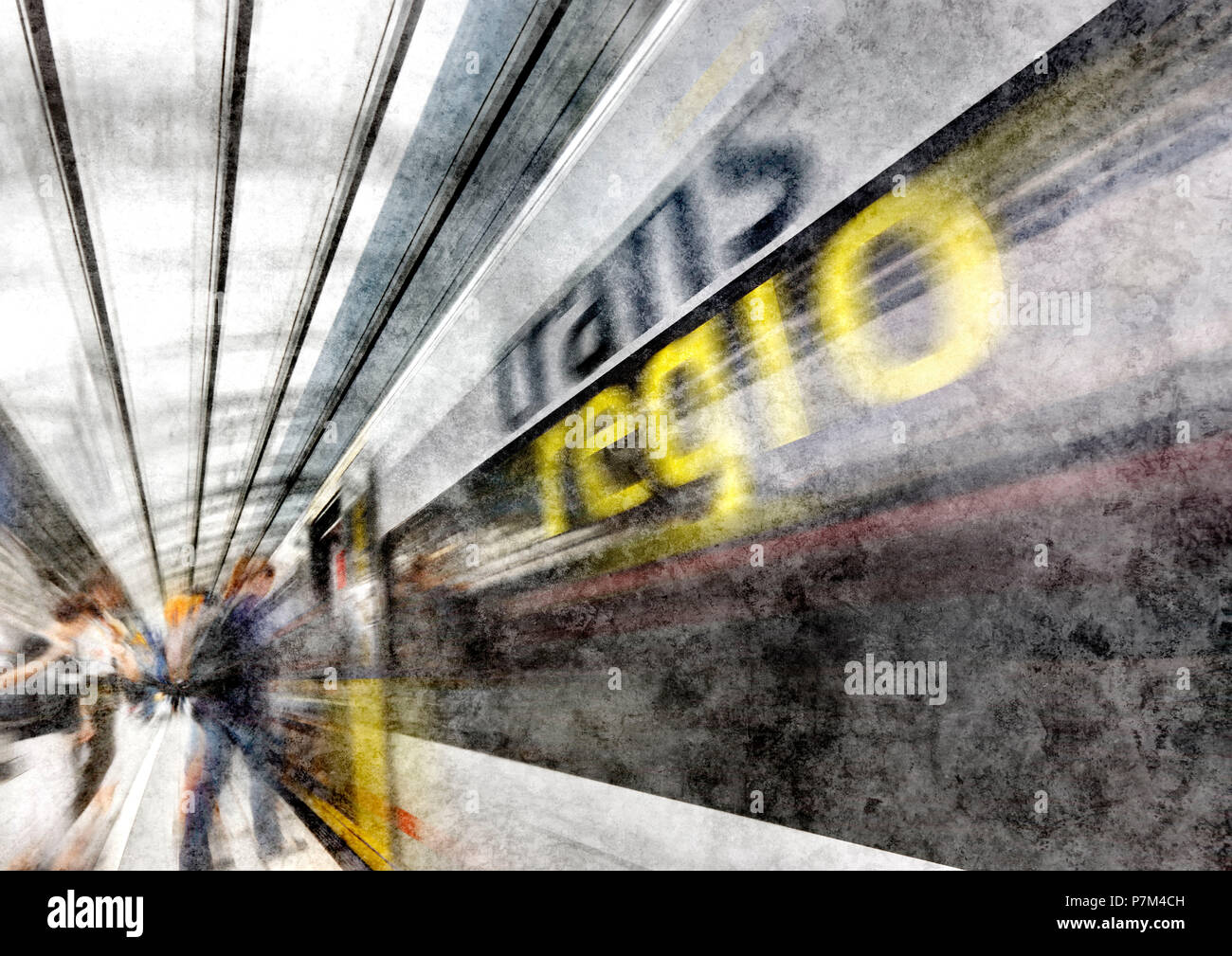 Plattform, Zug, Reisende, entfremdet, [M], RailArt Stockfoto