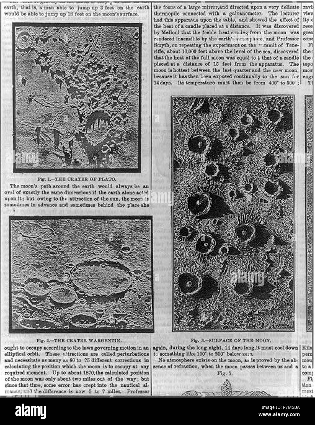 3 Figuren des Mondes - Der Krater Plato, der Krater Wargentin, die Oberfläche des Mondes Stockfoto