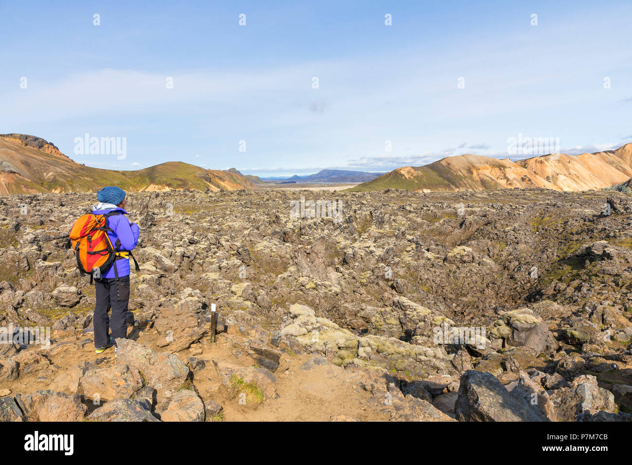 Ein trekker ist ein Blick auf die landmannalaugar Lavafeld, Landmannalaugar, Fjallabak Nature Reserve, Highlands, Region Süd, Island, Europa, Stockfoto