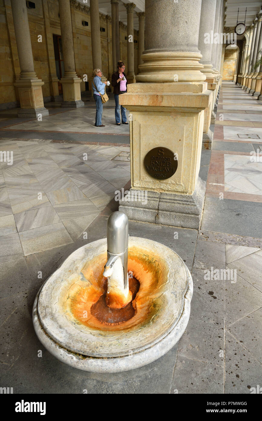 Tschechische Republik, Westböhmen, historische Altstadt von Karlsbad, Karlsbad, Mlynska Kolonada (Mill Colonnade) aus dem Jahr 1881, 65°C Mineral Spring der Fürst Wenzel 1 (pramen Knize Vaclav I) Stockfoto